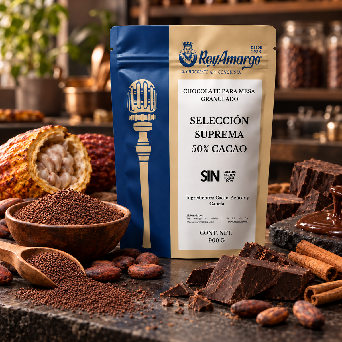 Rey Amargo. Chocolate Granulado Supremo 50% Cacao. 900 g