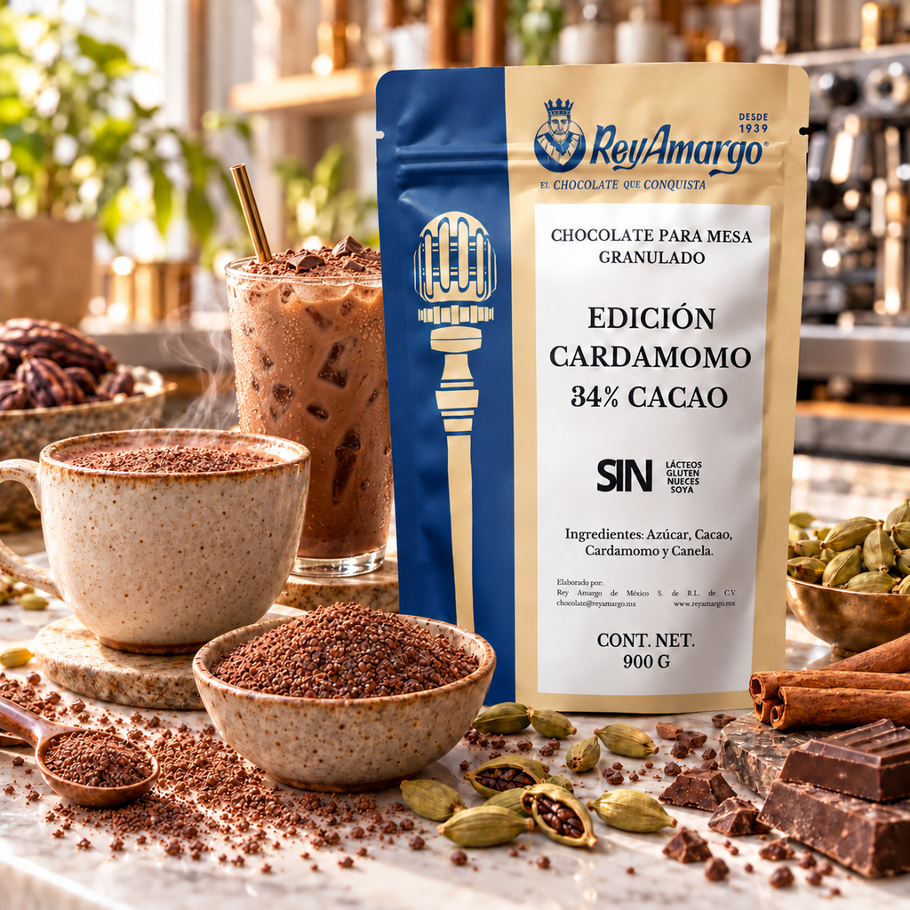 Rey Amargo. Chocolate Granulado Cardamomo 34% Cacao. 900 g