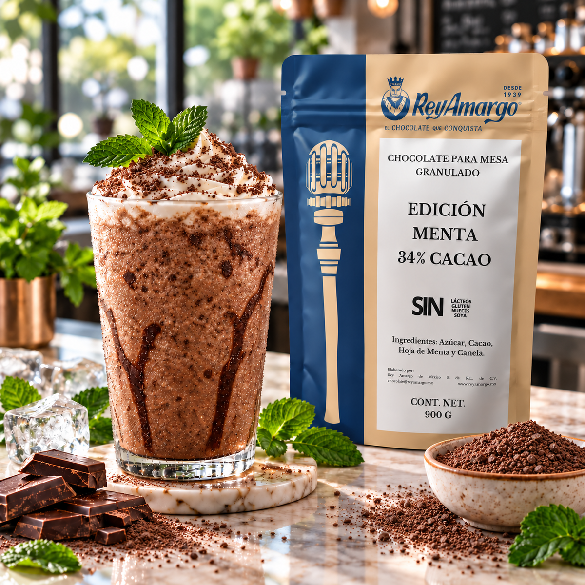 Rey Amargo. Chocolate Granulado Menta 34% Cacao. 900 g