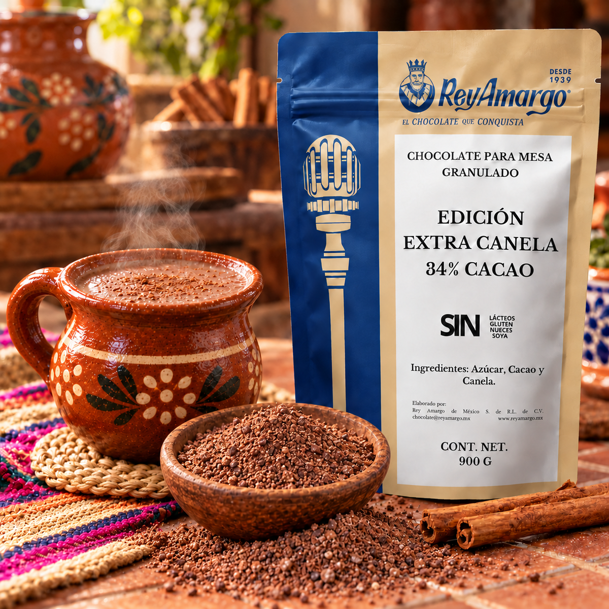 Rey Amargo. Chocolate Granulado Extra Canela 34% Cacao. 900 g