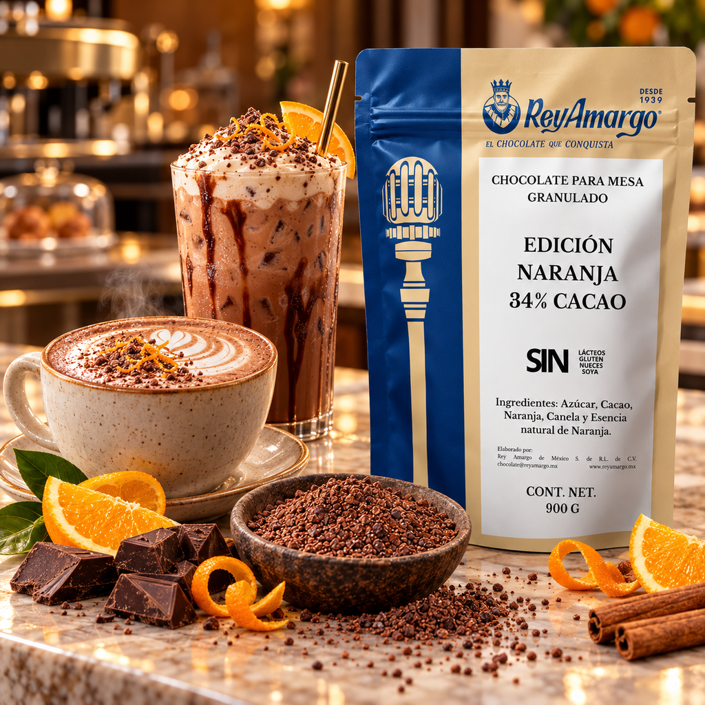 Rey Amargo. Chocolate Granulado Naranja 34% Cacao. 900 g