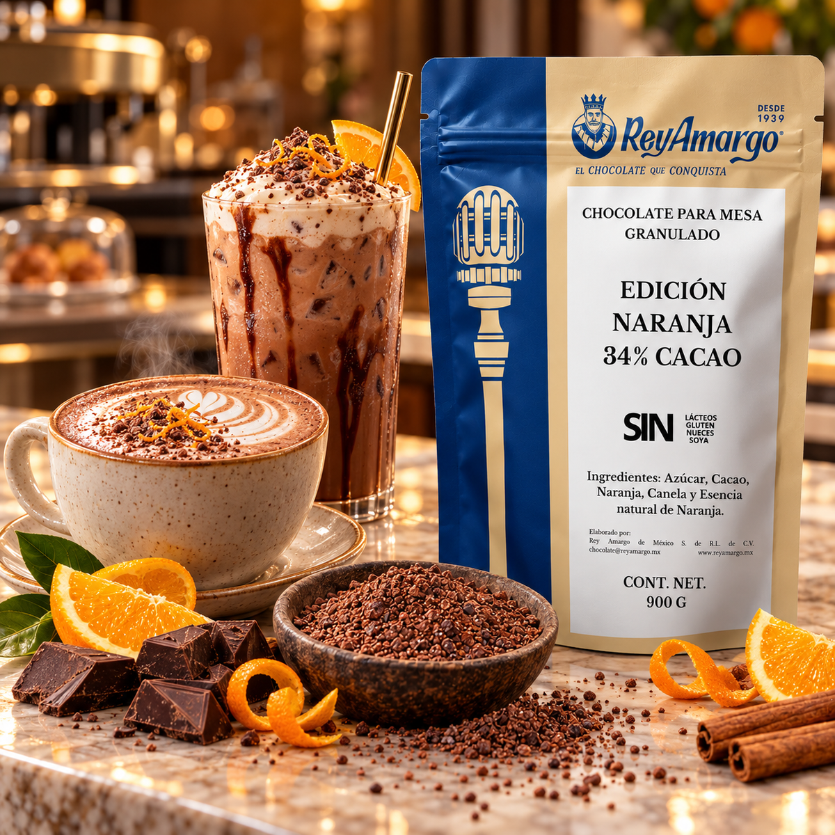 Rey Amargo. Chocolate Granulado Naranja 34% Cacao. 900 g