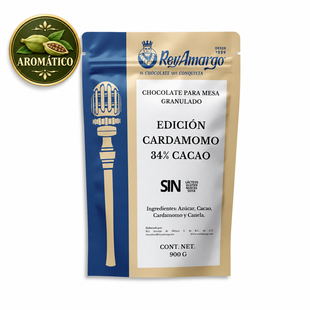 Rey Amargo. Chocolate Granulado Cardamomo 34% Cacao. 900 g