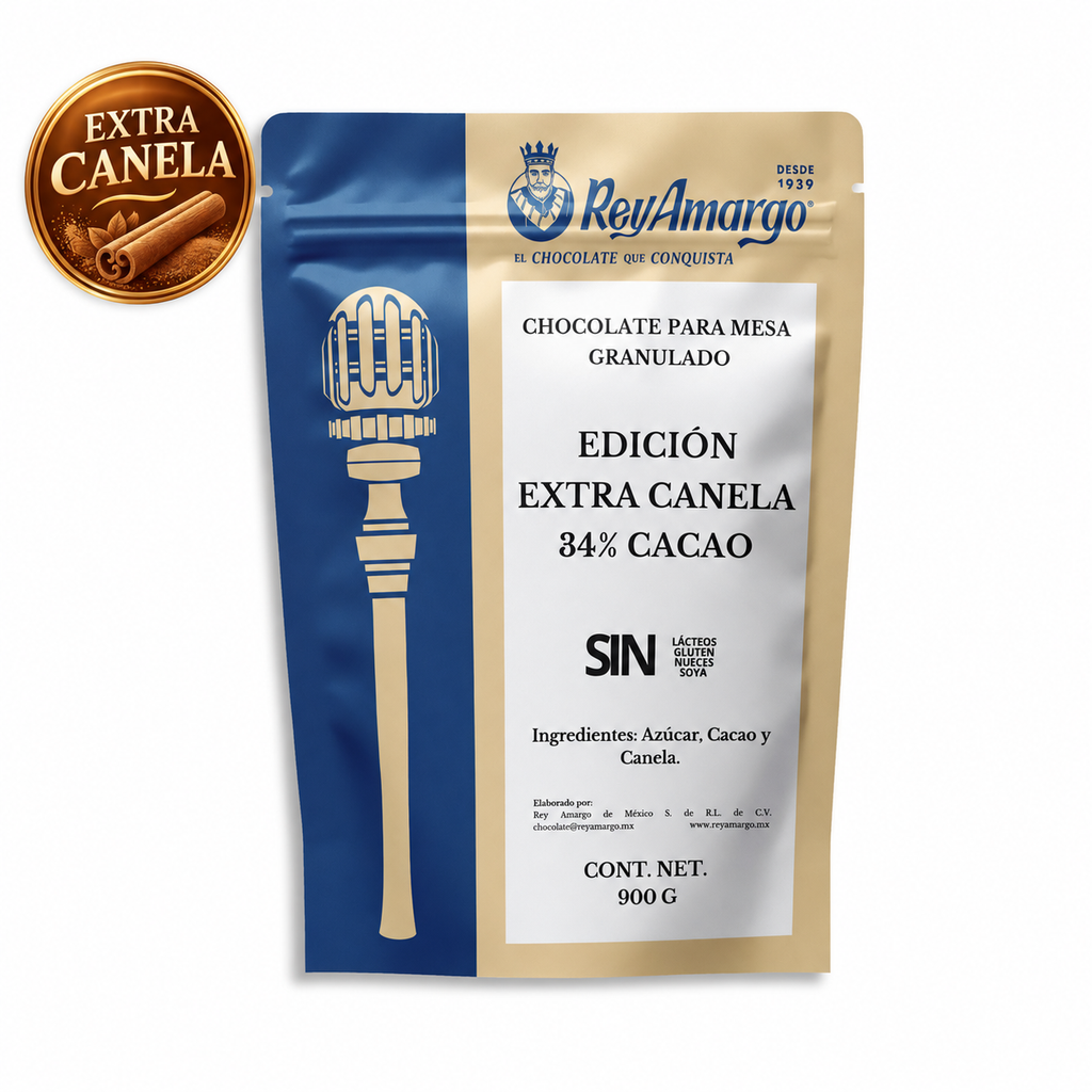 Rey Amargo. Chocolate Granulado Extra Canela 34% Cacao. 900 g