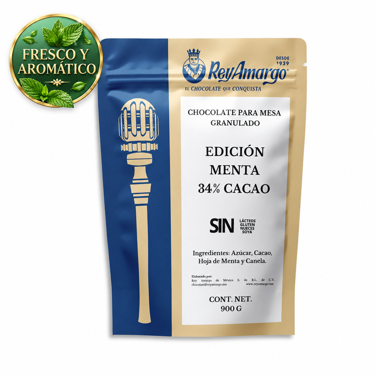 Rey Amargo. Chocolate Granulado Menta 34% Cacao. 900 g